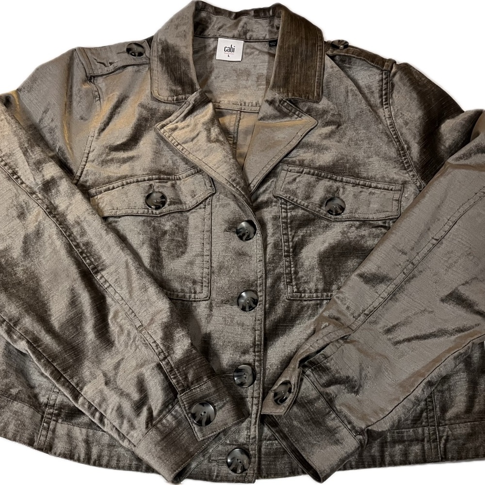 Cabi Gray/Ash Crushed Velvet Topper Cropped Jacket With Pockets Size Large